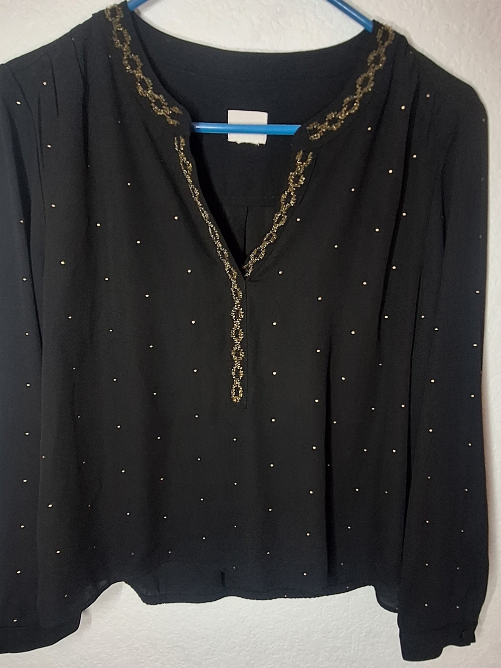 Chico's Black Split Neck Blouse Gold Accent Embellished Top L